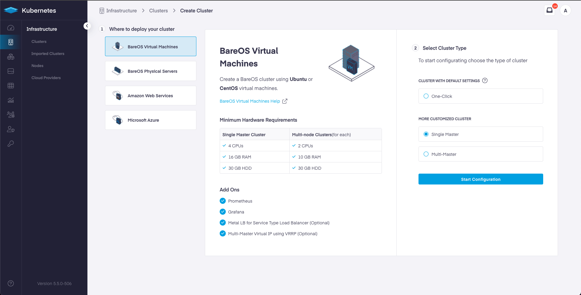 Platform9 UI – Infrastructure - Clusters - Deploy