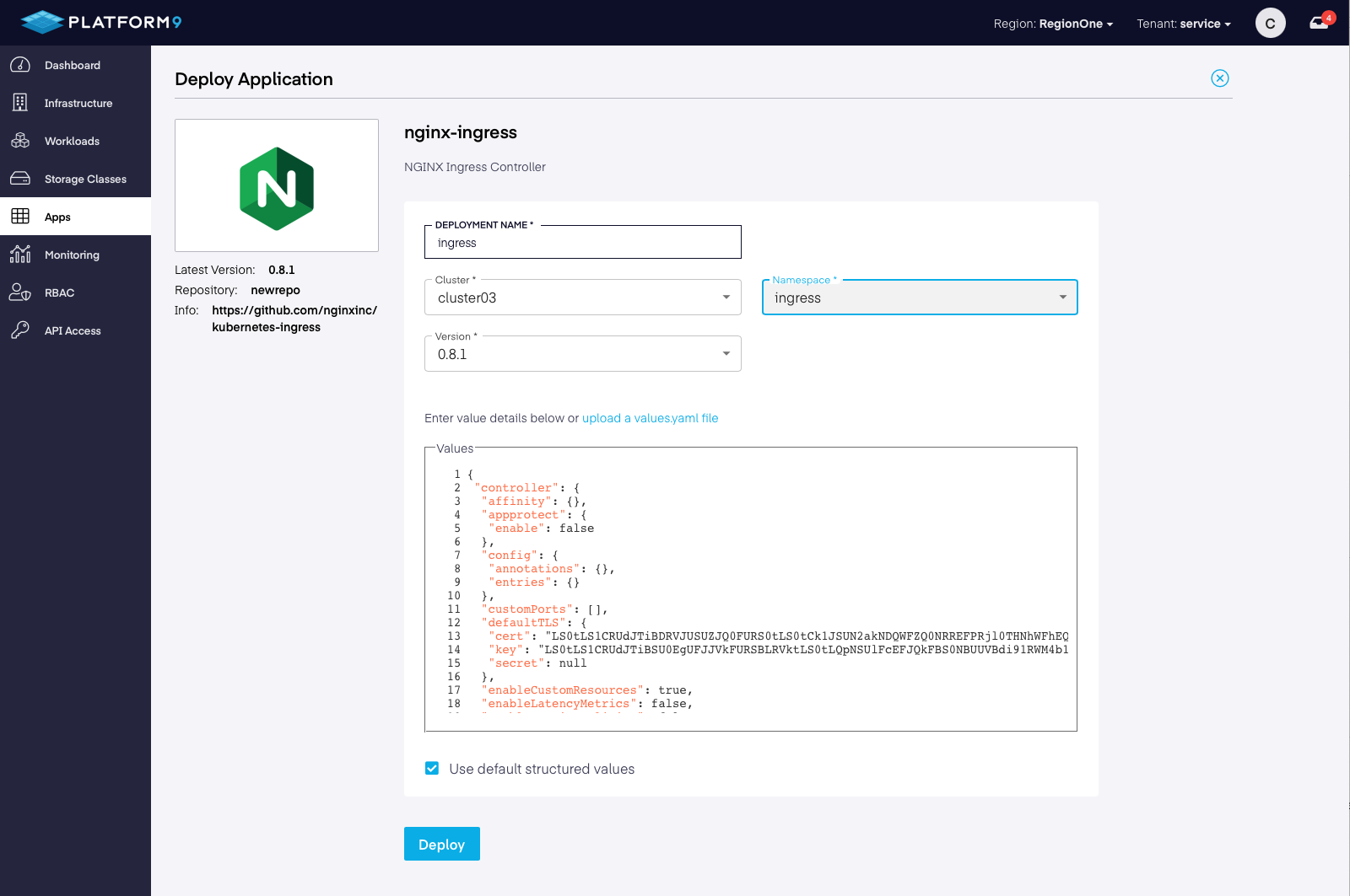 Edit values.yaml in Platform9 Web App